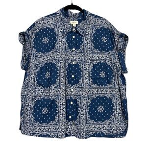 Style & Co Bandana Print Button Up Blouse 2X Blue